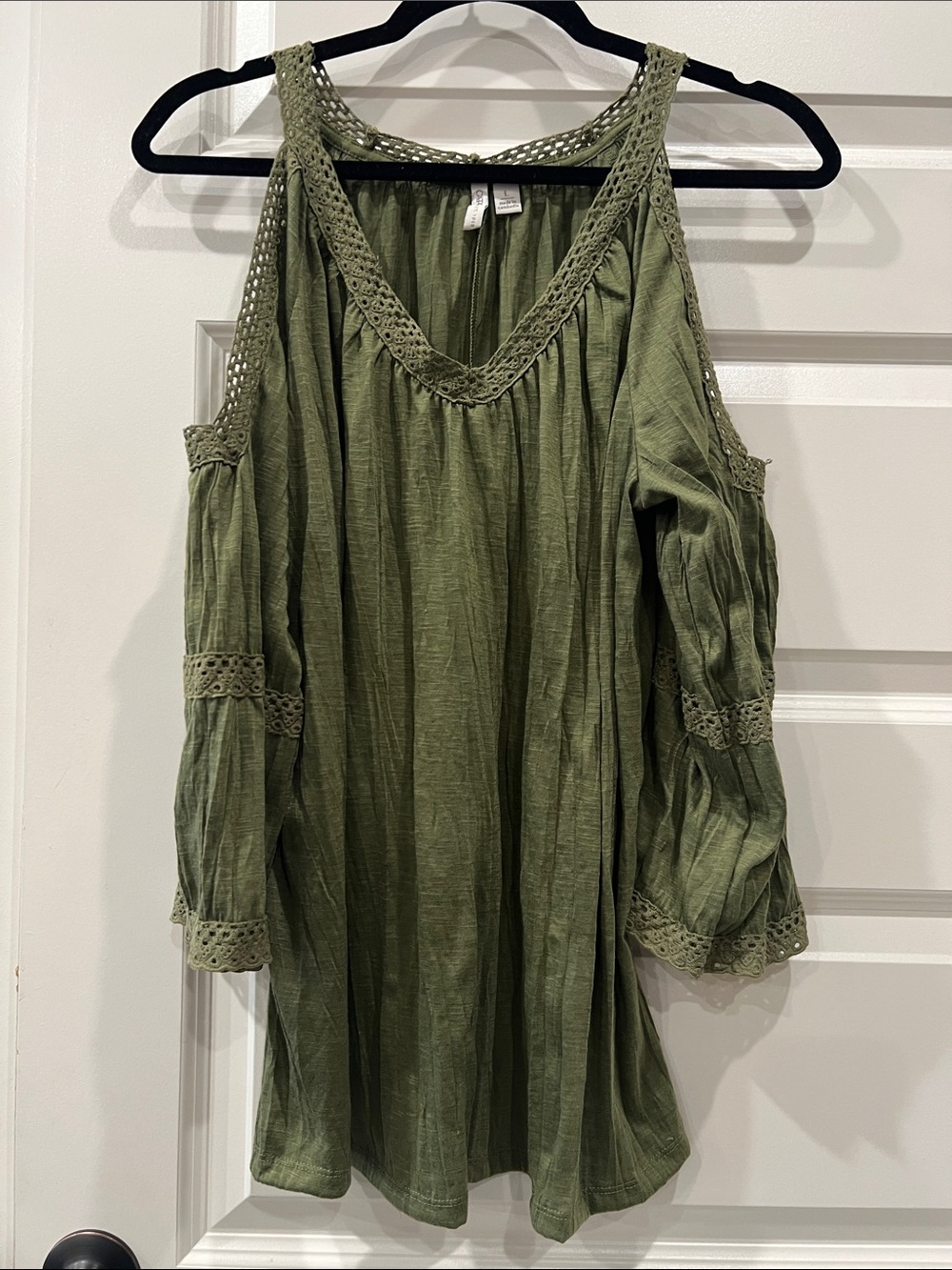 Cato Olive Green Cold-Shoulder Crochet-Trim Jersey Tunic  Sz L